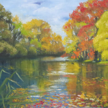 Painting titled "Autumn river." by Olga Yashchenko, Original Artwork, Oil Mounted on Cardboard