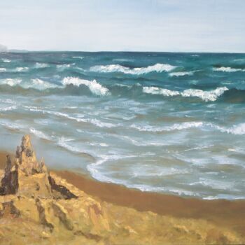 Painting titled "Sand castle on the…" by Olga Yashchenko, Original Artwork, Oil Mounted on Wood Stretcher frame