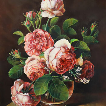 Painting titled "Still Life of Roses…" by Olga Zinovich, Original Artwork, Oil Mounted on Cardboard