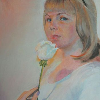 Картина под названием "девушка с цветком" - Ольга, Подлинное произведение искусства, Масло