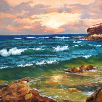 Painting titled "Sun and Sea" by Olga Egorov, Original Artwork, Oil Mounted on Wood Stretcher frame
