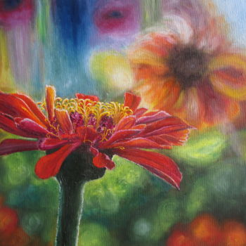 Painting titled "Cheerful flower" by Olga Knezevic, Original Artwork, Oil