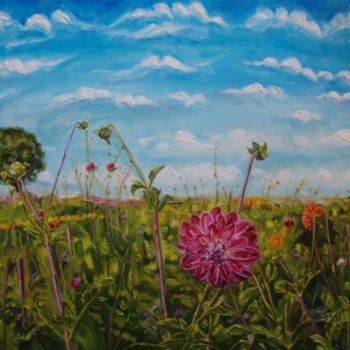 Painting titled "Flowers and clouds" by Olga Knezevic, Original Artwork, Oil