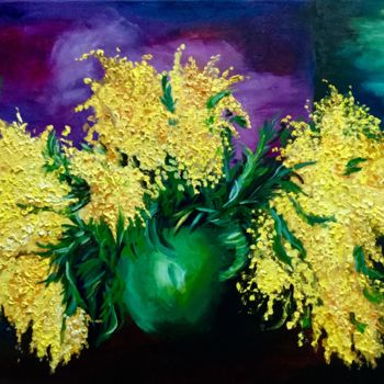 Painting titled "Mimosas is a green…" by Olga Koval, Original Artwork, Oil