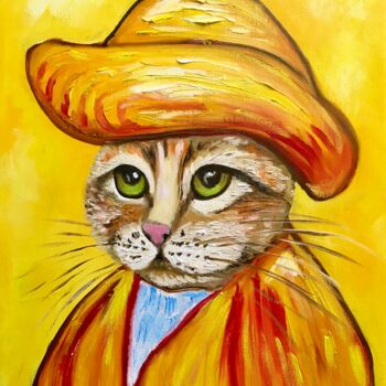 Painting titled "Cat Vincent Van Gog…" by Olga Koval, Original Artwork, Oil Mounted on Wood Stretcher frame