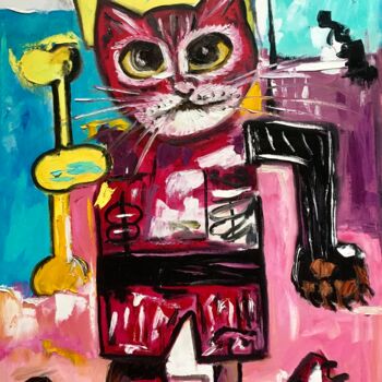 Painting titled "Red cat king warrio…" by Olga Koval, Original Artwork, Oil Mounted on Wood Stretcher frame