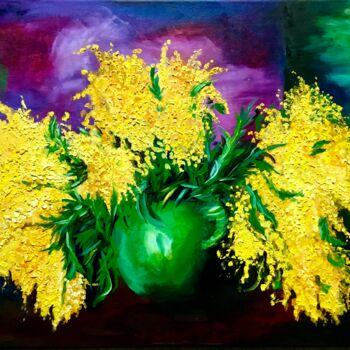 Peinture intitulée "Mimosas in a vase,…" par Olga Koval, Œuvre d'art originale, Huile Monté sur Châssis en bois