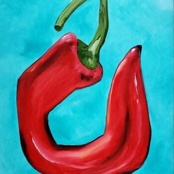 제목이 "Red hot pepper on t…"인 미술작품 Olga Koval로, 원작, 기름 나무 들것 프레임에 장착됨