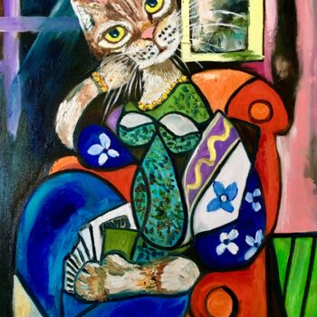 Painting titled "Cute Cat reading a…" by Olga Koval, Original Artwork, Oil Mounted on Wood Stretcher frame