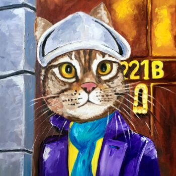 Painting titled "Troy The Cat- Sherl…" by Olga Koval, Original Artwork, Oil Mounted on Wood Stretcher frame