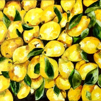 Painting titled "Lemons for dinning,…" by Olga Koval, Original Artwork, Oil Mounted on Wood Stretcher frame