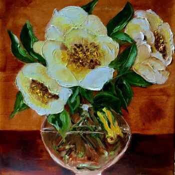 Painting titled "Wild roses on the t…" by Olga Koval, Original Artwork, Oil Mounted on Wood Stretcher frame