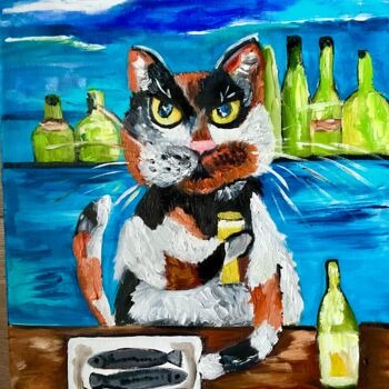 Schilderij getiteld "LUCKY CAT, HERRING…" door Olga Koval, Origineel Kunstwerk, Olie Gemonteerd op Frame voor houten brancard