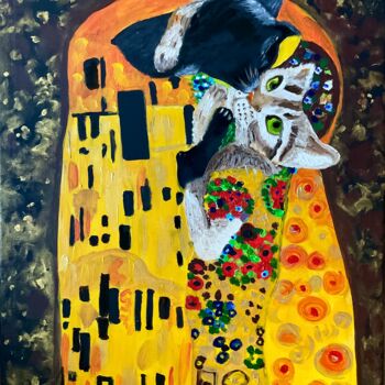 Painting titled "Cat and Kiss by Gus…" by Olga Koval, Original Artwork, Acrylic Mounted on Wood Stretcher frame