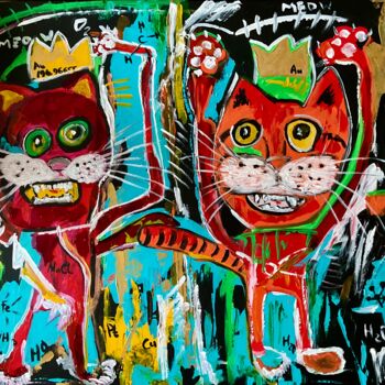 Painting titled "Cats kings alchemis…" by Olga Koval, Original Artwork, Acrylic Mounted on Wood Stretcher frame