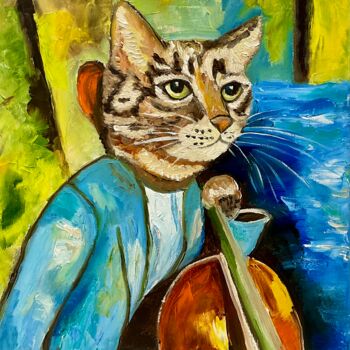 Pintura intitulada "Cat Cellist, sounds…" por Olga Koval, Obras de arte originais, Óleo Montado em Armação em madeira
