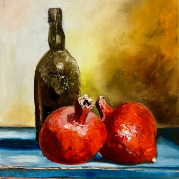 Painting titled "2 pomegranates and…" by Olga Koval, Original Artwork, Oil Mounted on Wood Stretcher frame