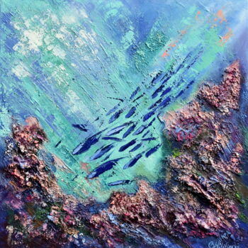 Painting titled "Bahamas Coral Reef" by Olga Nikitina, Original Artwork, Oil Mounted on Wood Stretcher frame