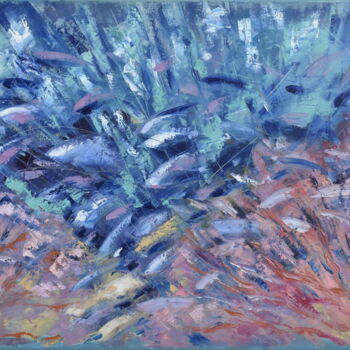 Pittura intitolato "Fish in Coral Paint…" da Olga Nikitina, Opera d'arte originale, Olio Montato su Telaio per barella in le…