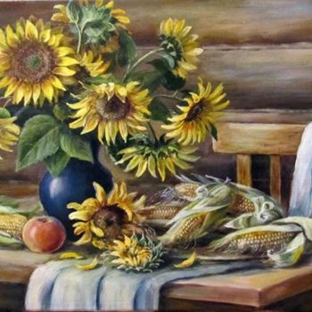 Картина под названием "Подсолнухи и кукуру…" - Olga Vorobyeva, Подлинное произведение искусства, Масло