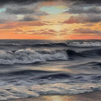 Painting titled "Sunset at the sea" by Olha Holub, Original Artwork, Oil Mounted on Wood Stretcher frame