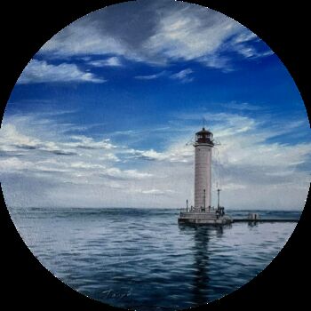 Painting titled "lighthouse on the s…" by Olha Holub, Original Artwork, Oil Mounted on Wood Panel