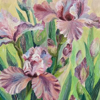 Peinture intitulée "Pink irises" par Olha Korniienko, Œuvre d'art originale, Huile Monté sur Châssis en bois