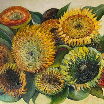 Schilderij getiteld "Noon and sunflowers" door Olha Korniienko, Origineel Kunstwerk, Olie Gemonteerd op Karton