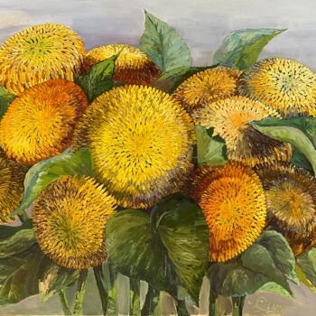 Schilderij getiteld "Sunflower before a…" door Olha Korniienko, Origineel Kunstwerk, Olie Gemonteerd op Karton