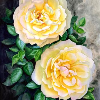 Картина под названием "Two yellow roses" - Olha Riabokon, Подлинное произведение искусства, Акварель
