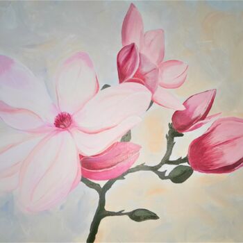 Painting titled "Magnolia" by Olha Shapovalova, Original Artwork, Acrylic Mounted on Wood Stretcher frame