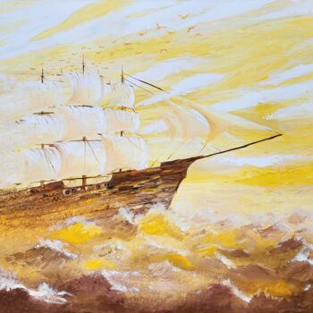 Painting titled "Shipp in a Sand tim…" by Olha Voron, Original Artwork, Oil Mounted on Wood Stretcher frame
