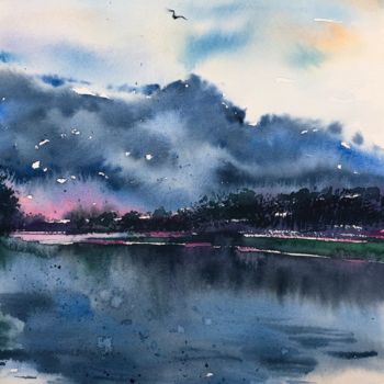 Painting titled "Evening Mirror" by Helga Sherr, Original Artwork, Watercolor