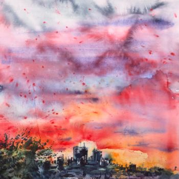Malarstwo zatytułowany „Sunset Over The Town” autorstwa Helga Sherr, Oryginalna praca, Akwarela
