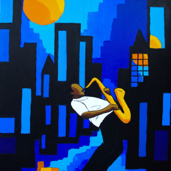 Peinture intitulée "Jazz Nuit bleue" par Olivier Boissinot, Œuvre d'art originale, Huile Monté sur Châssis en bois