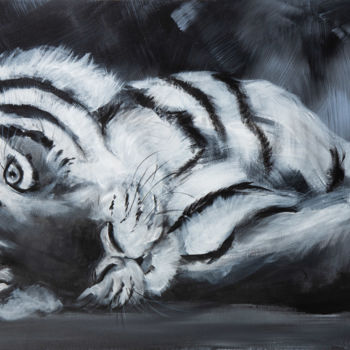 제목이 "Tigre "D'un œil""인 미술작품 Olivier Bonnelarge로, 원작, 아크릴 나무 들것 프레임에 장착됨