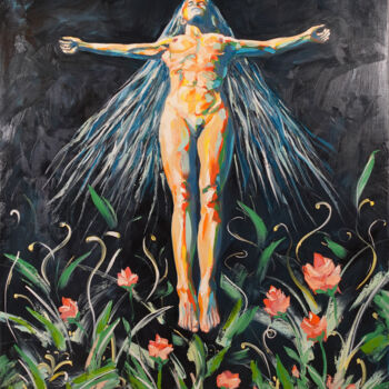 제목이 "Femme en croix"인 미술작품 Olivier Boutin로, 원작, 기름 나무 들것 프레임에 장착됨