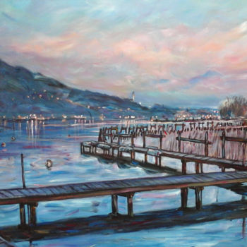 Painting titled "Lac d'Annecy au cré…" by Olivier Broquet, Original Artwork, Acrylic Mounted on Wood Stretcher frame