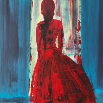 Картина под названием "Femme en rouge atte…" - Olivier De Pooter, Подлинное произведение искусства, Акрил