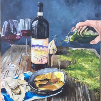 Painting titled "l art de la table" by Olivier Gouin, Original Artwork, Oil Mounted on Wood Stretcher frame