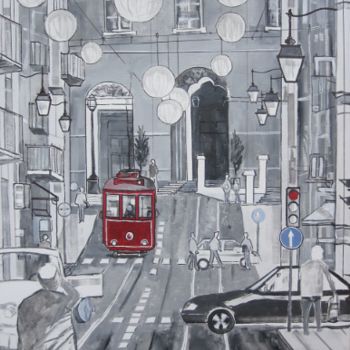 Malerei mit dem Titel "tableau tram rouge" von Olivier Laplace, Original-Kunstwerk