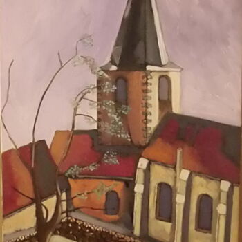 Painting titled "Eglise lalizolle" by Olivier Leclercq (Oyans), Original Artwork, Oil