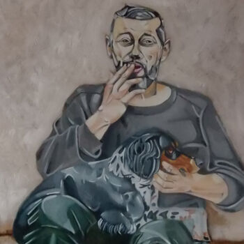 Peinture intitulée "l'oncle et son chien" par Olivier Leclercq (Oyans), Œuvre d'art originale, Huile