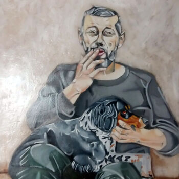 Peinture intitulée "l'homme au chien" par Olivier Leclercq (Oyans), Œuvre d'art originale