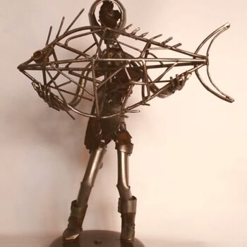 Sculpture titled "L'enfant au poisson" by Olivier Lecourtois, Original Artwork, Metals