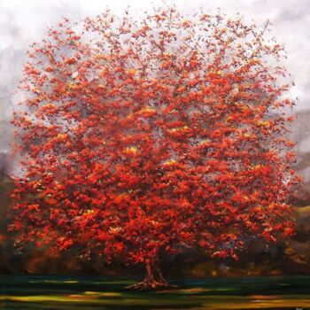 Painting titled "Grand arbre rouge" by Olivier Lecourtois, Original Artwork, Acrylic