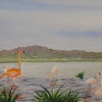 Schilderij getiteld "Flamants Rose" door Olivier Follin, Origineel Kunstwerk, Aquarel