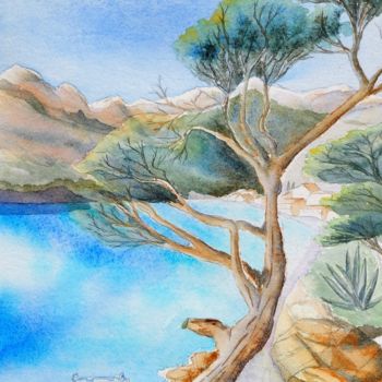 Painting titled "Le pin des calanque…" by Olivier Follin, Original Artwork, Watercolor