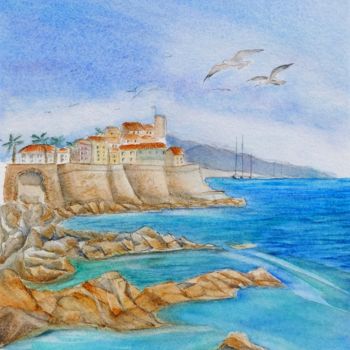 Painting titled "Le Vieil Antibes et…" by Olivier Follin, Original Artwork, Watercolor