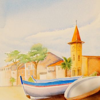 Painting titled "L'Eglise du Cros de…" by Olivier Follin, Original Artwork, Watercolor